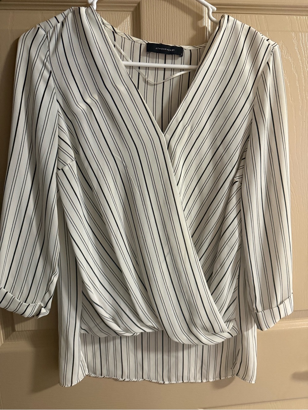 Atmosphere White and Black Stripe Wrap-Front Blouse